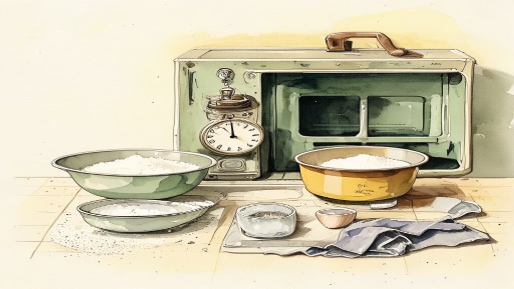 Round and rectangular baking pans with flour, eggs, and measuring tools for scaling a recipe by pan size.