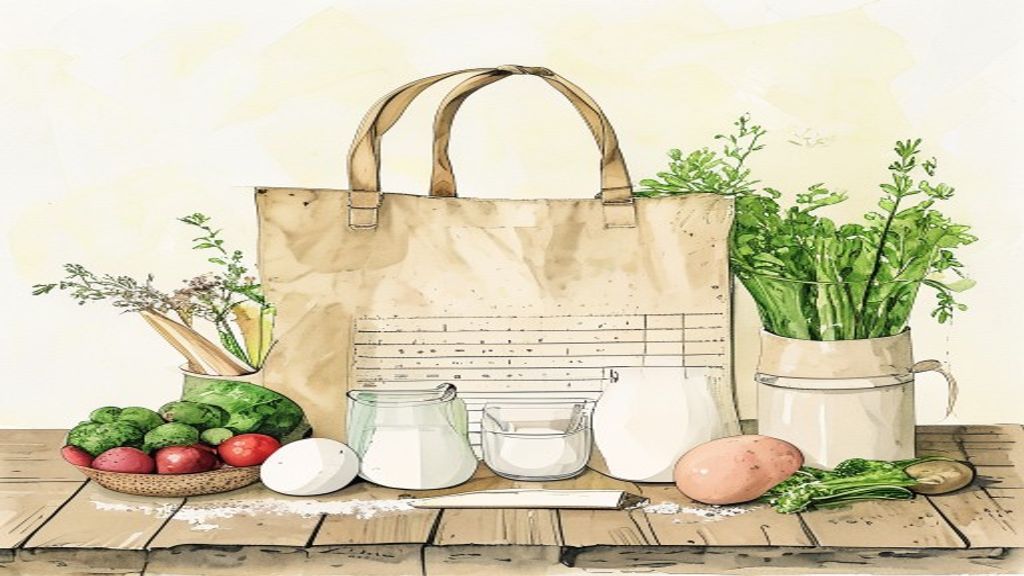 A grocery tote with recipe ingredients for making a grocery list from a resized recipe.