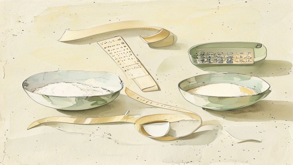 Bowls of ingredients and measuring cups illustrating a recipe scaled to a new serving size.