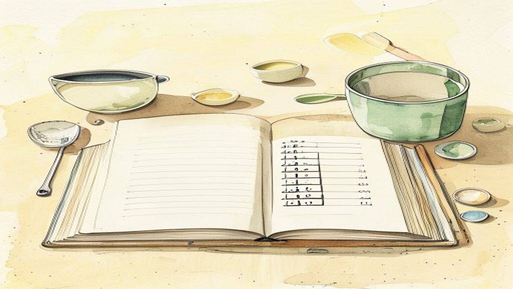 A recipe notebook, measuring tools, and ingredient bowls illustrating a recipe serving calculator.
